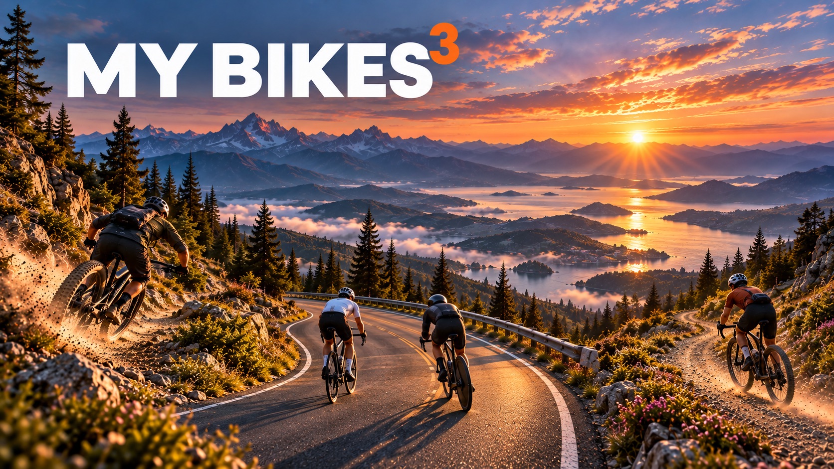 My Bikes artwork: cyclists descend a winding alpine road above a lake at golden hour