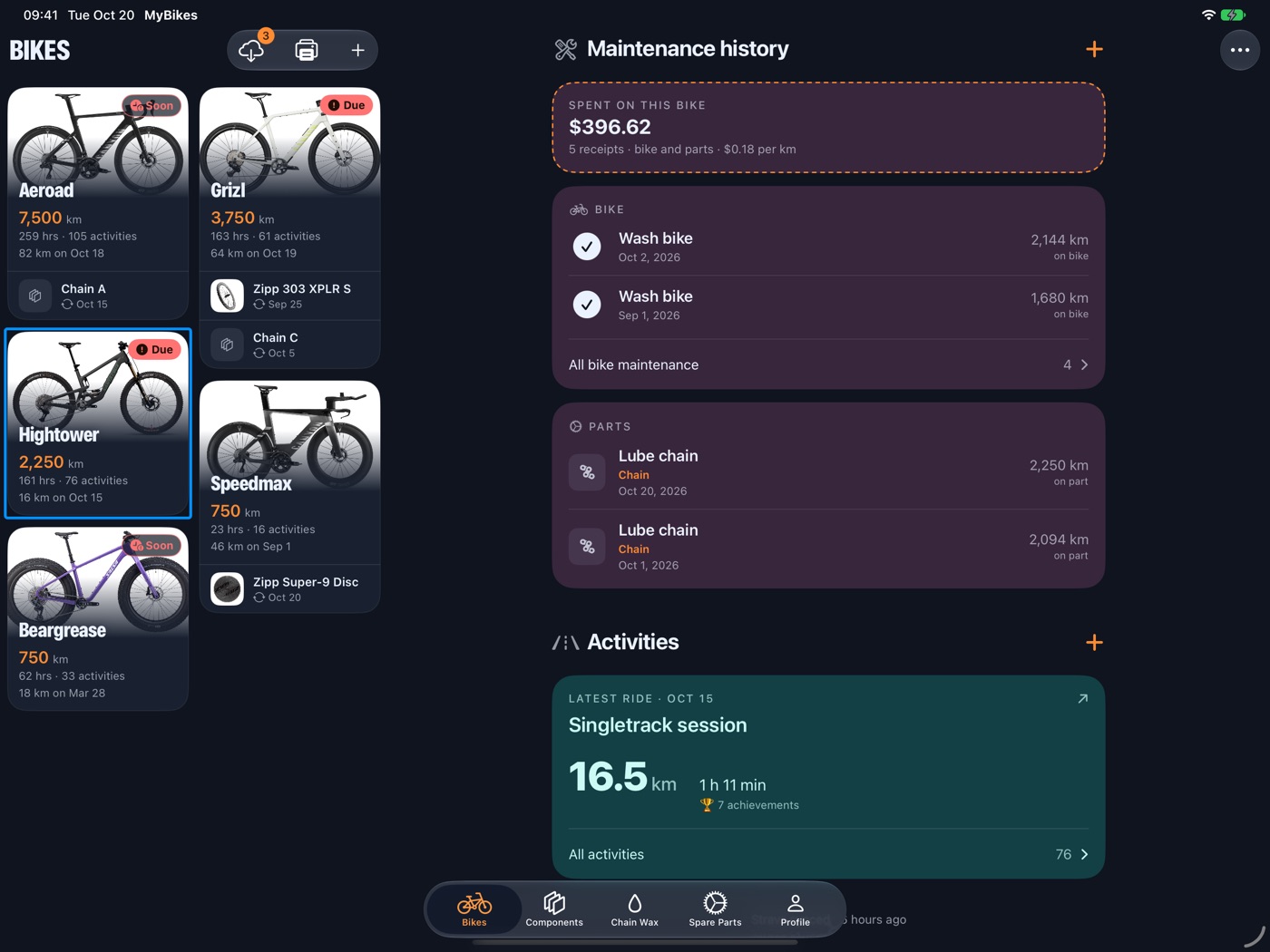 My Bikes on iPad with the garage list on the left and bike maintenance details on the right