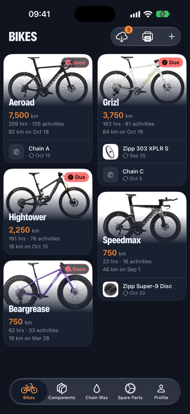 My Bikes garage showing six bikes, their distance and service status