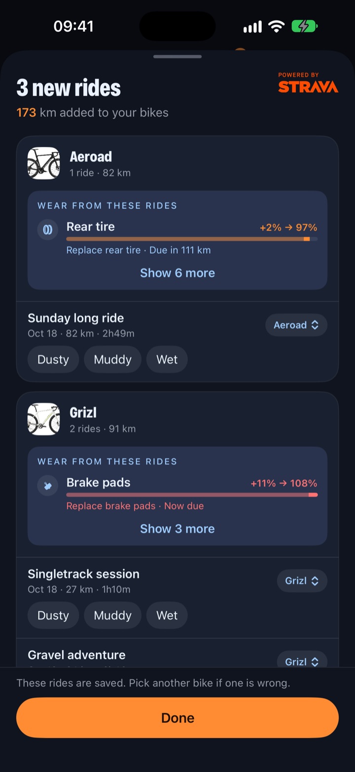 New Strava rides grouped by bike with wear added to each part and ride-condition tags
