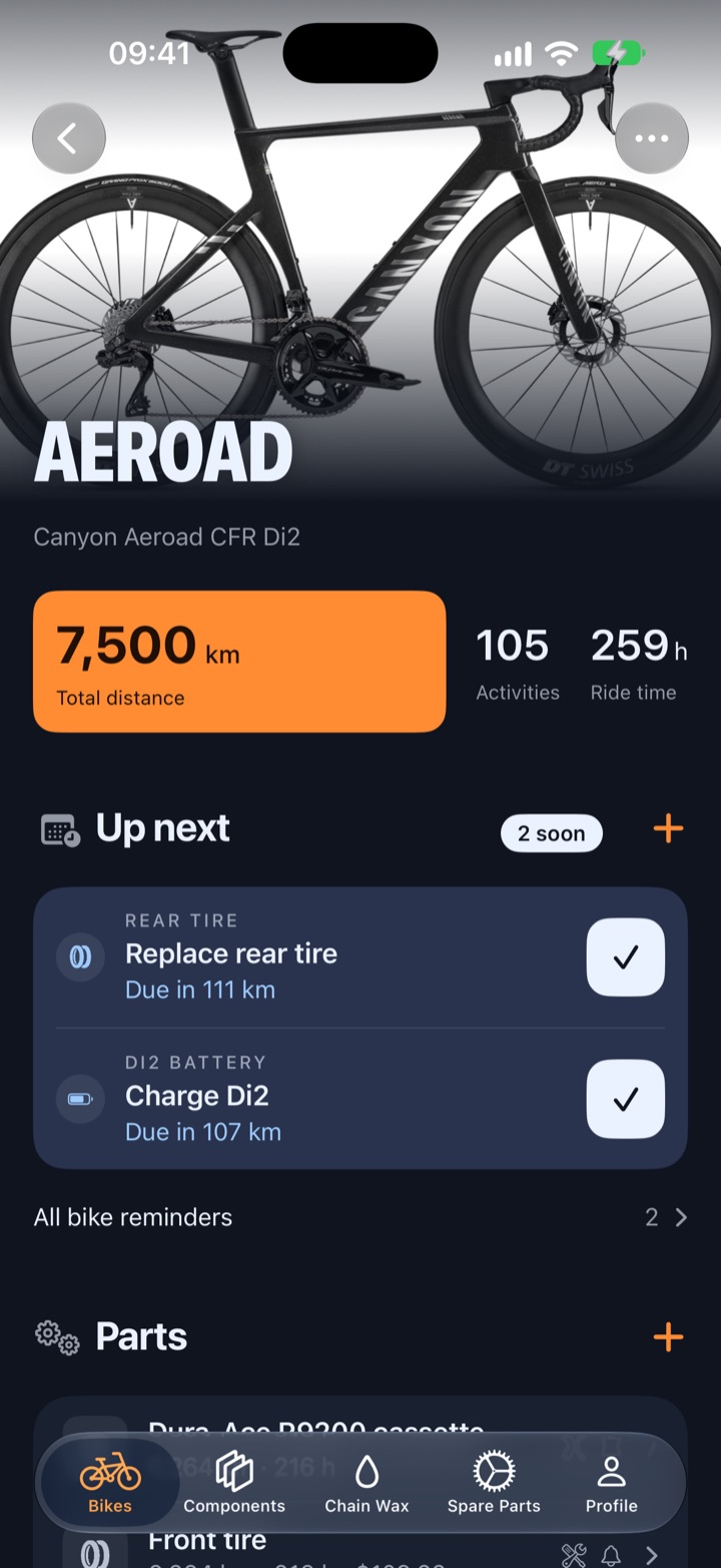 Aeroad bike detail showing distance and the Up next maintenance reminders