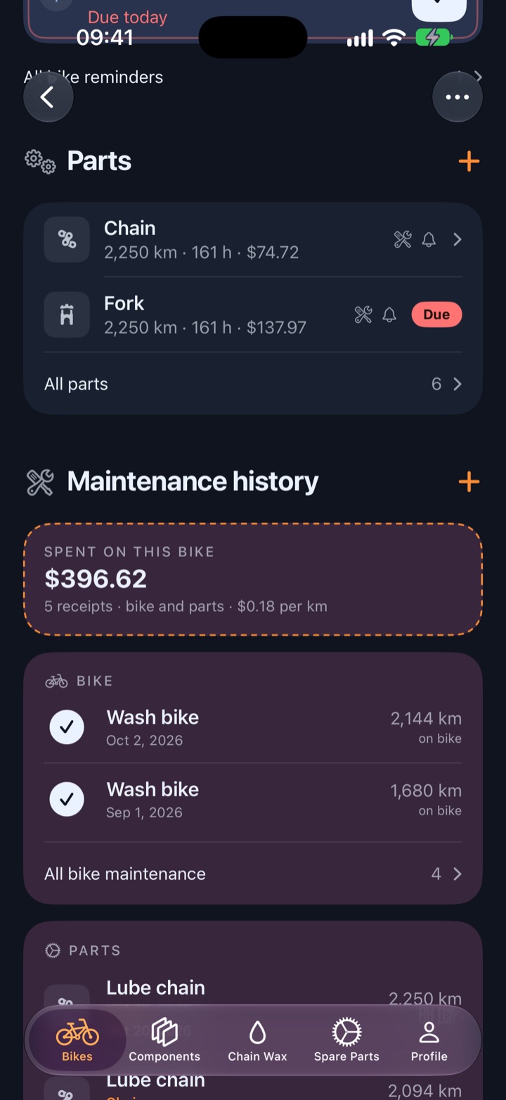 Bike parts and maintenance history with service costs and completed tasks