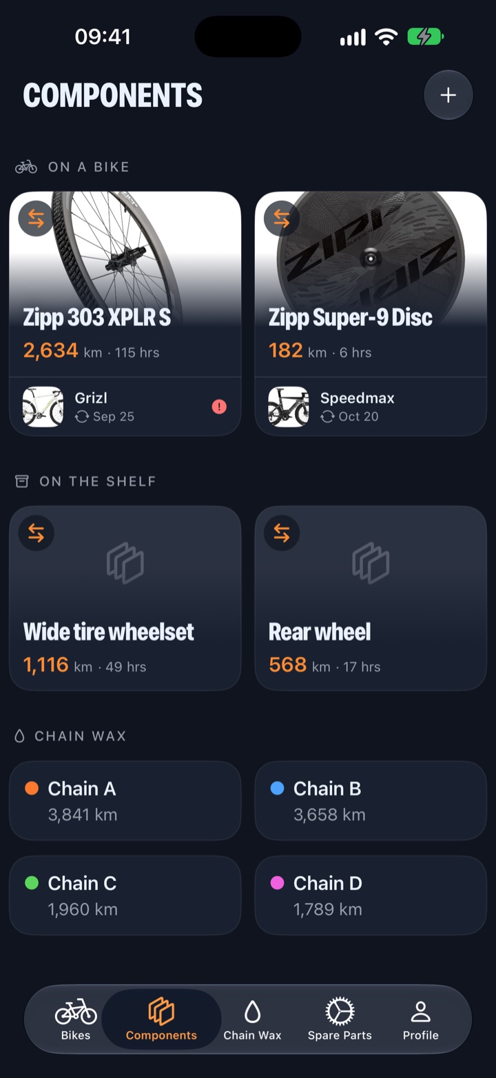 Components collection with wheelsets, individual wheels and chains