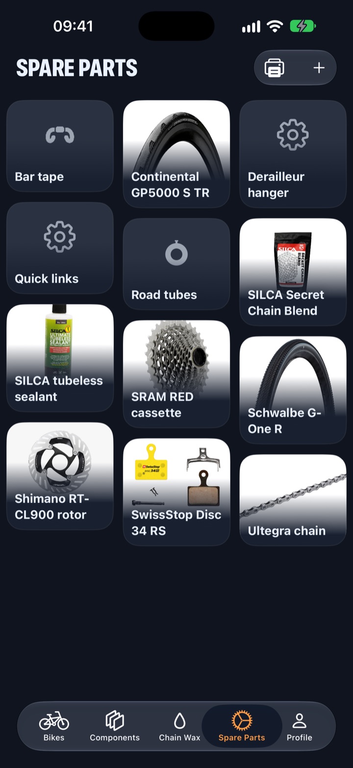 Spare Parts inventory showing tubes, brake pads, tires and other supplies