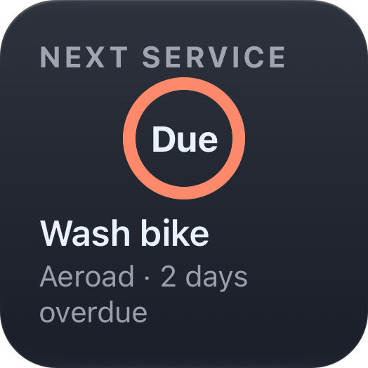 Next service widget showing that washing the Aeroad is two days overdue.