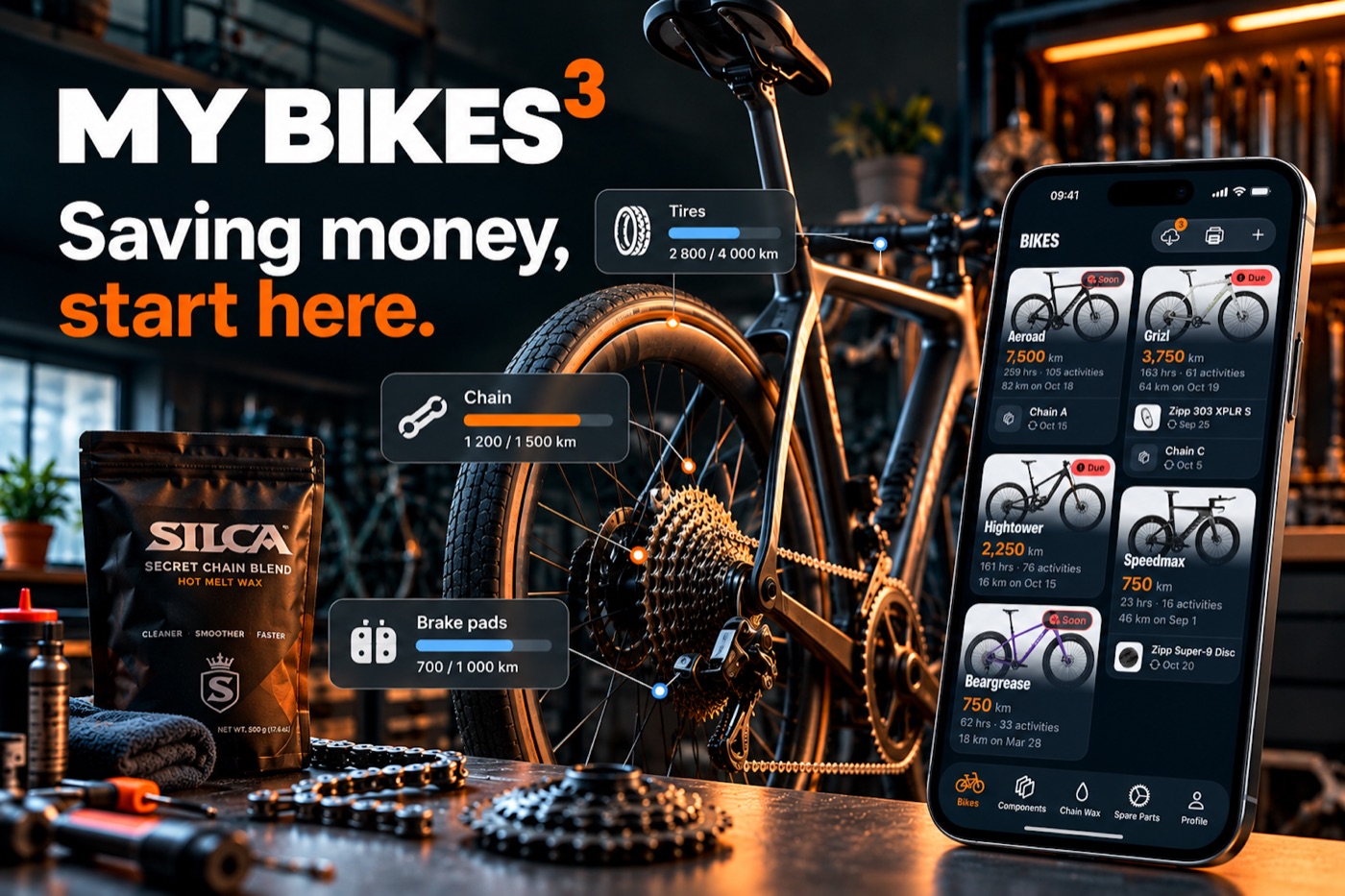My Bikes promotional artwork showing the bike garage, chain care and ride tracking in a bicycle workshop