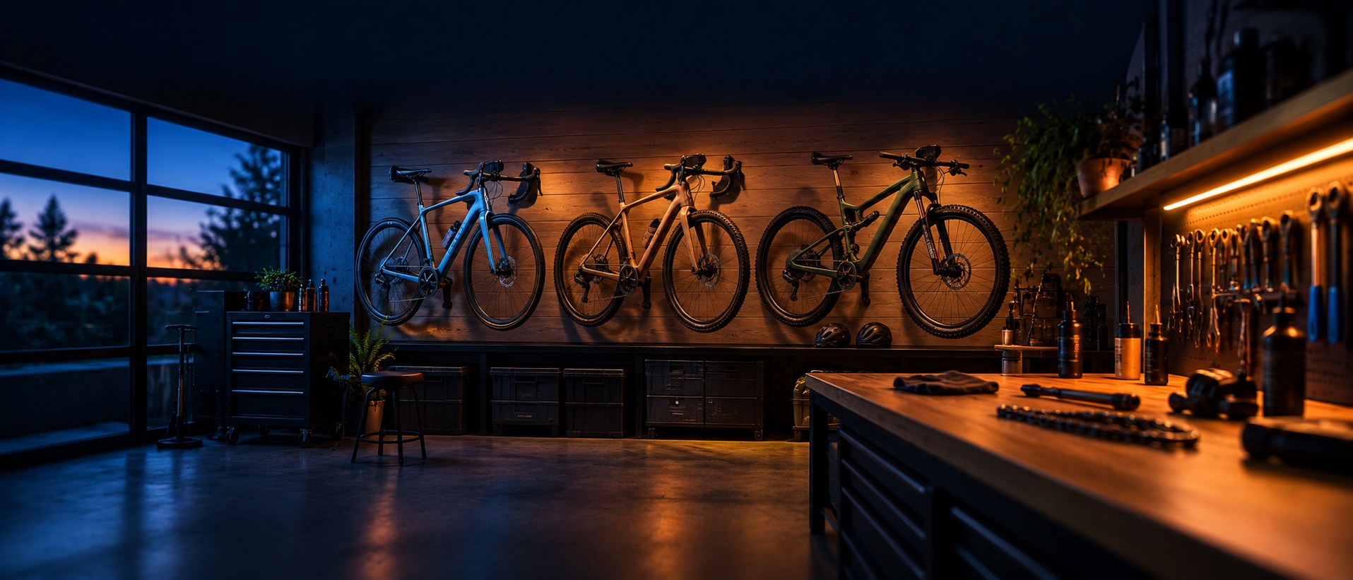 A warmly lit bicycle workshop with bikes hanging above the workbench